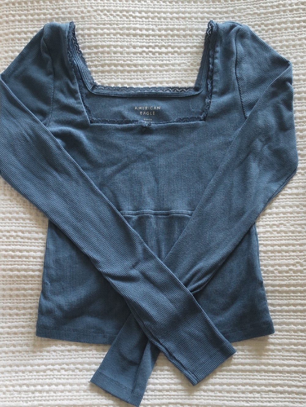 American Eagle Outfitters Dusty Blue Square-Neck Ribbed Long-Sleeve Top